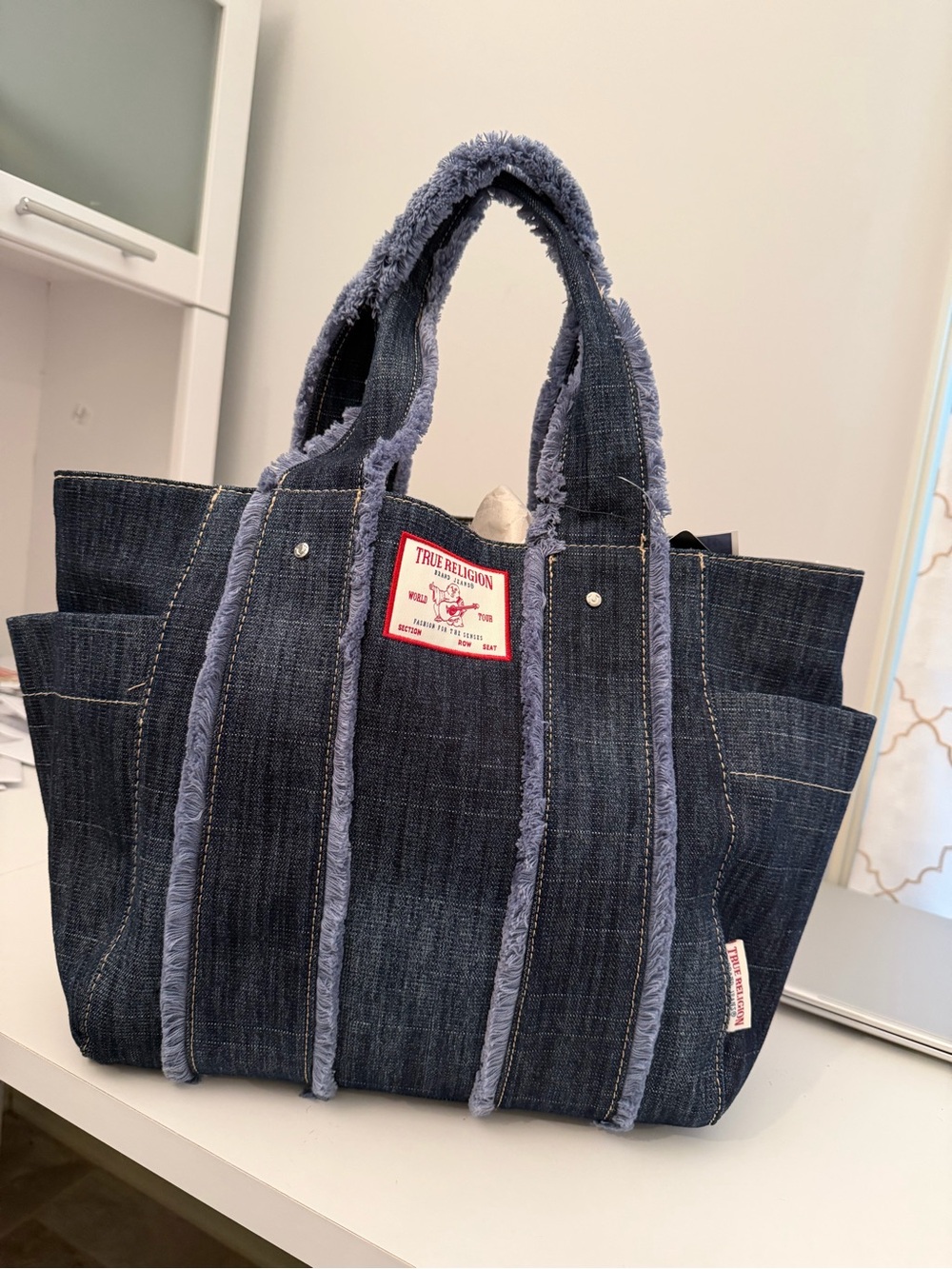 True Religion Indigo Denim Tote with Frayed Trim
